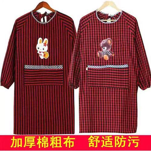 格子反穿衣加厚粗布棉麻复古加长款罩衣厨房围裙防污防脏耐磨加肥