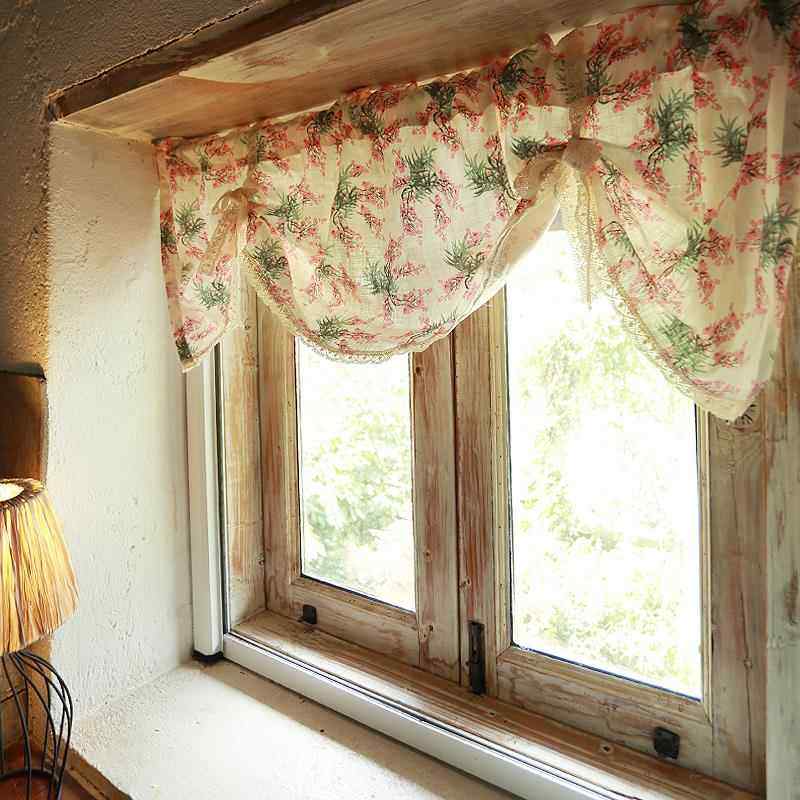 鸢尾乡旅英式松红梅碎花窗帘提拉帘帘门帘厨房窗卧室免打孔半遮光