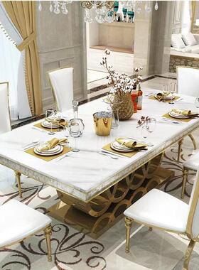 轻奢金色不A-13墅锈钢岩板餐桌椅组合后现代时尚家别大大型理用石