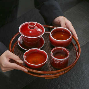 大号郎红釉异形盖碗茶杯家用红色陶瓷主人杯窑变禅定茶杯品茗杯