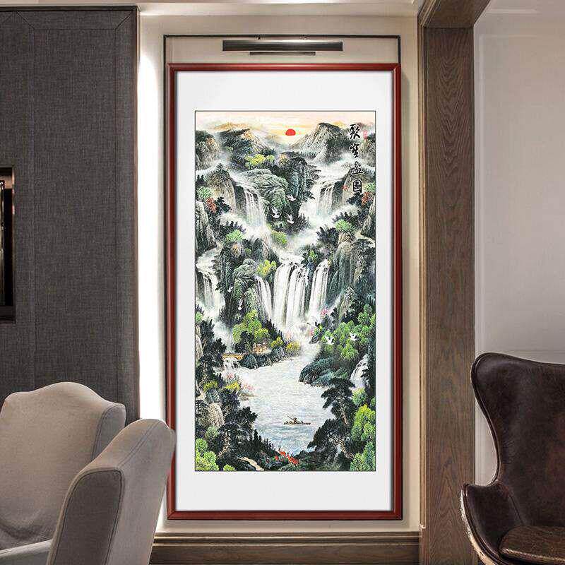 聚宝盆山水画挂画鸿运当头进门玄关画竖版办公室装饰走廊过道壁画