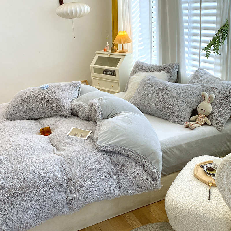 简约纯色水貂绒四件套冬季长毛绒保暖被套网红款水晶绒毛毯4件套