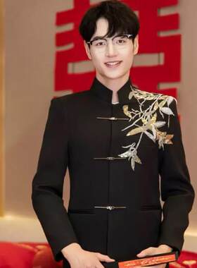 新中式秀禾服男装中国风黑色中山装结婚礼服新郎男士高级立领唐装