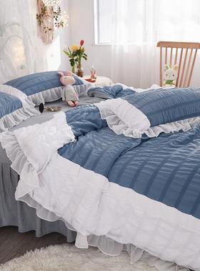 高档洗白色仙女主公少女雪纺花边三四件套色水棉泡泡纱学生宿纯舍