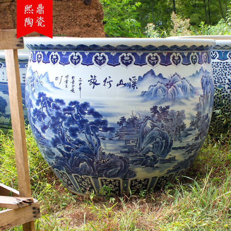 景德镇陶瓷大号鱼缸 手绘青花山水特大号缸 园林装饰缸 洗浴缸