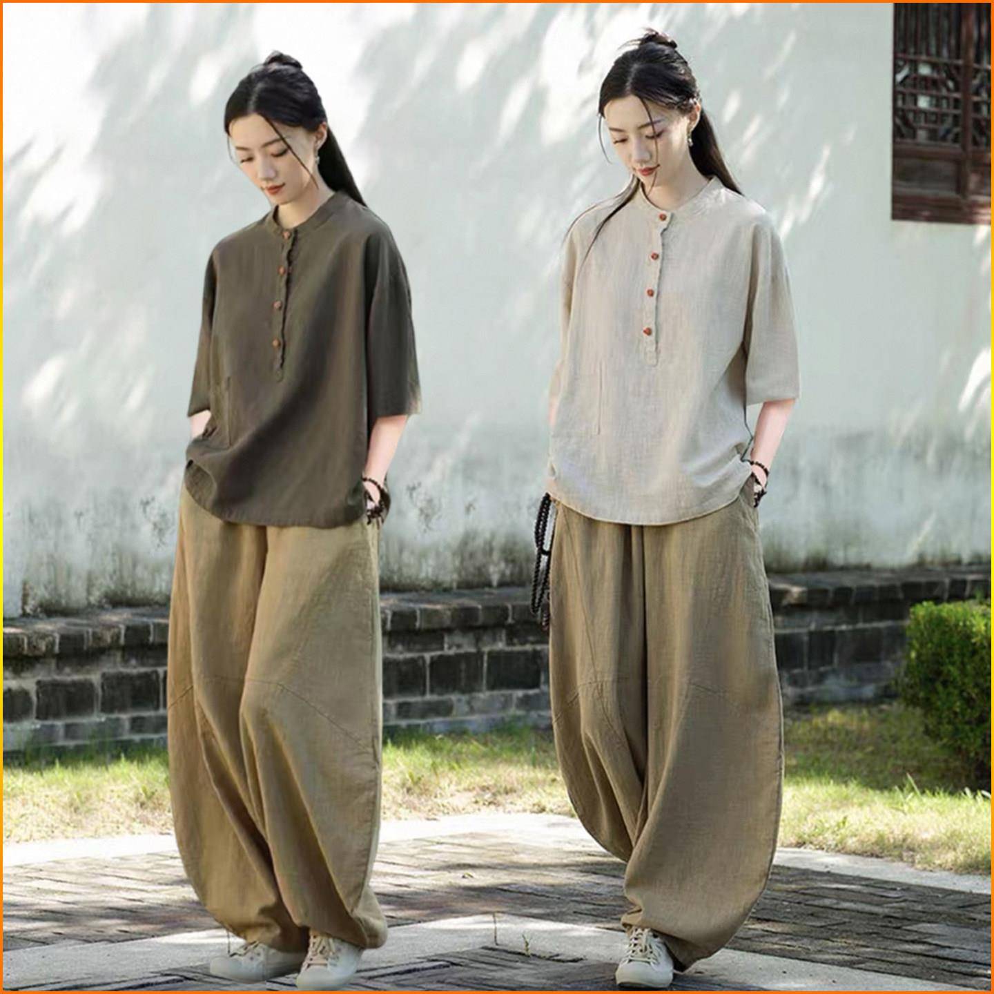 年轻人太极服女晨练中式练功服夏季麻短袖上衣武术表演服禅修服