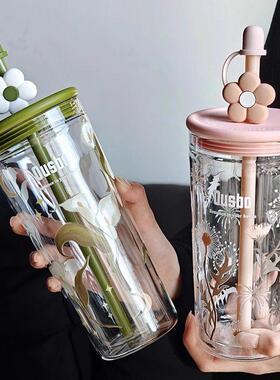 Ousbo玻璃杯双层2025新款办公室大容量女高颜值高级吸管杯带把手