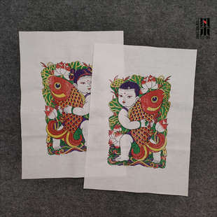 梁公馆®朱仙镇木板年画抱鱼童子吉祥如意连年有余传统套印纯手工