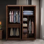 约747现代胡桃木实衣柜组合卧室简中式 移门大衣橱储门物两推拉木