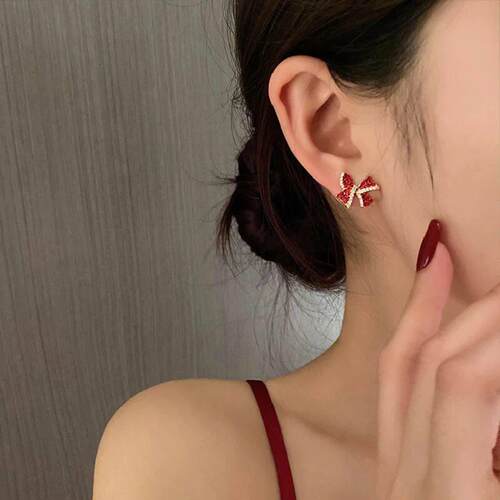 Christmas Red Zircon Crystal Bow Stud Earrings For Women Hea