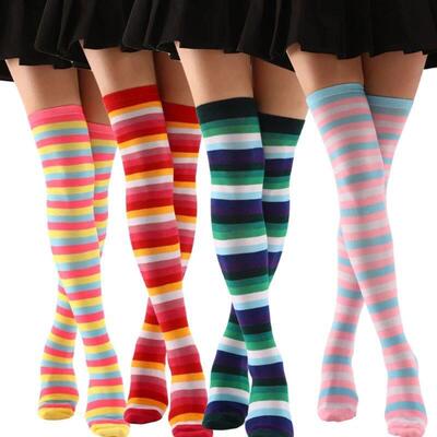 Women Colorful Striped Long Boot Stockings Female Girls Thig