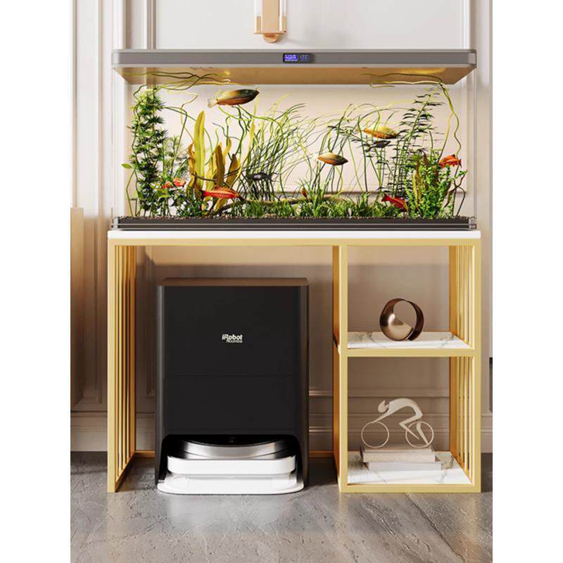 轻奢岩板鱼缸架铁艺扫地机器人置物架家用一体鱼缸桌柜客厅收纳几