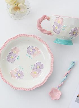 手浮陶雕LSL瓷盘家用餐具西意餐盘绘面盘可爱水果盘少女心沙拉盘