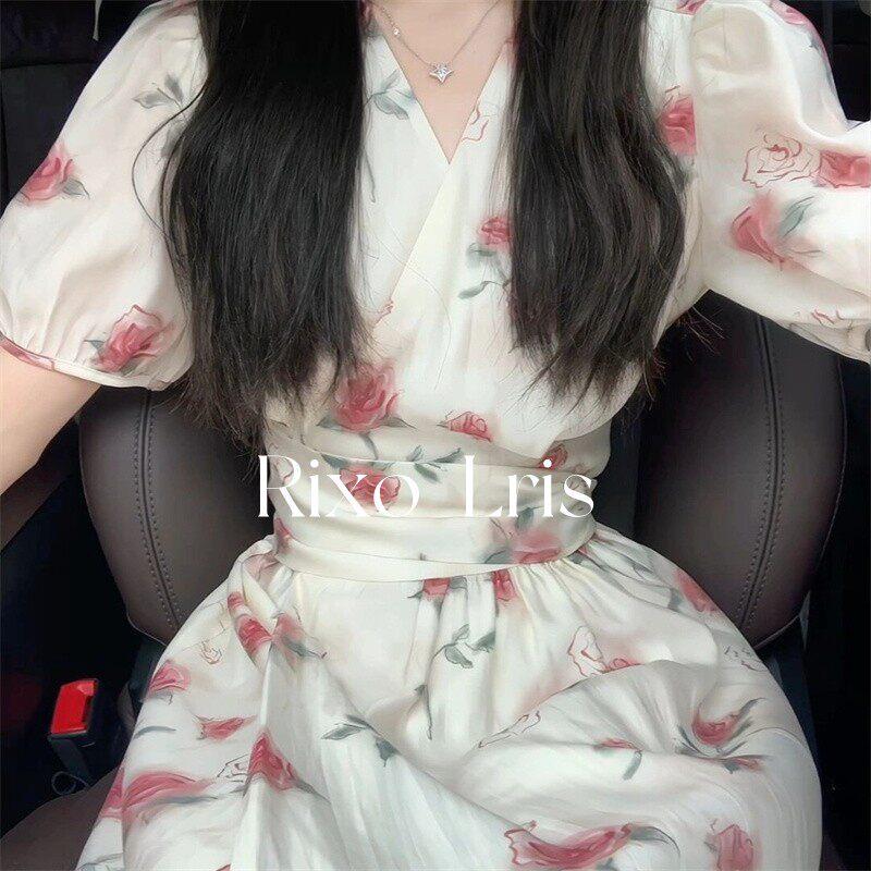 Rixo Lris法式玫瑰印花收腰V领连衣裙夏季绑带短袖高腰中长裙淑女