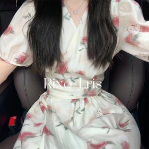 Rixo Lris法式玫瑰印花收腰V领连衣裙夏季绑带短袖高腰中长裙淑女