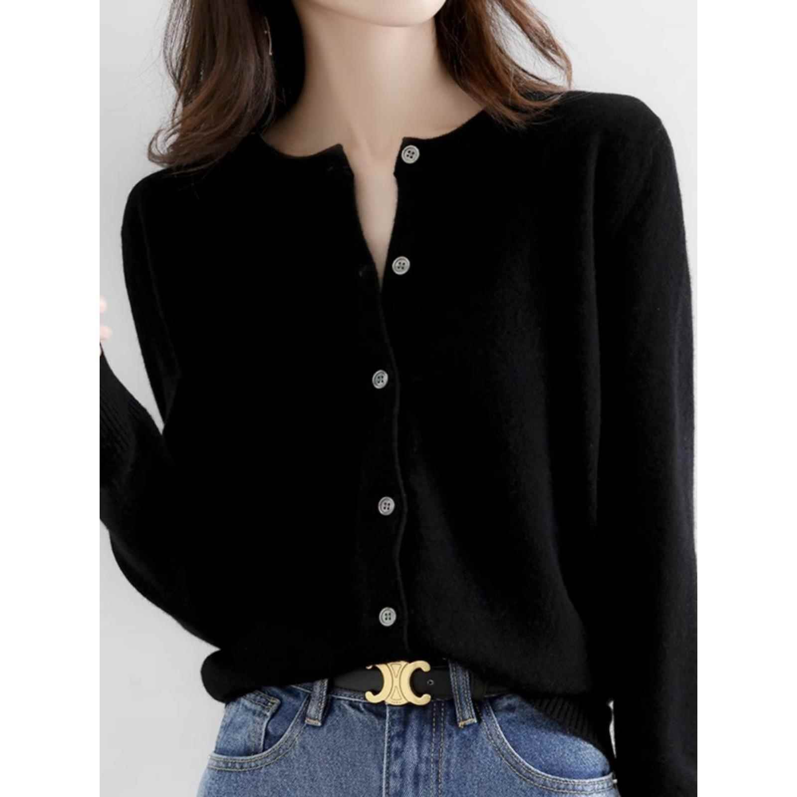 2025春秋开衫外套圆领宽松短款长袖毛衣外搭针织打底羊毛衫黑色女