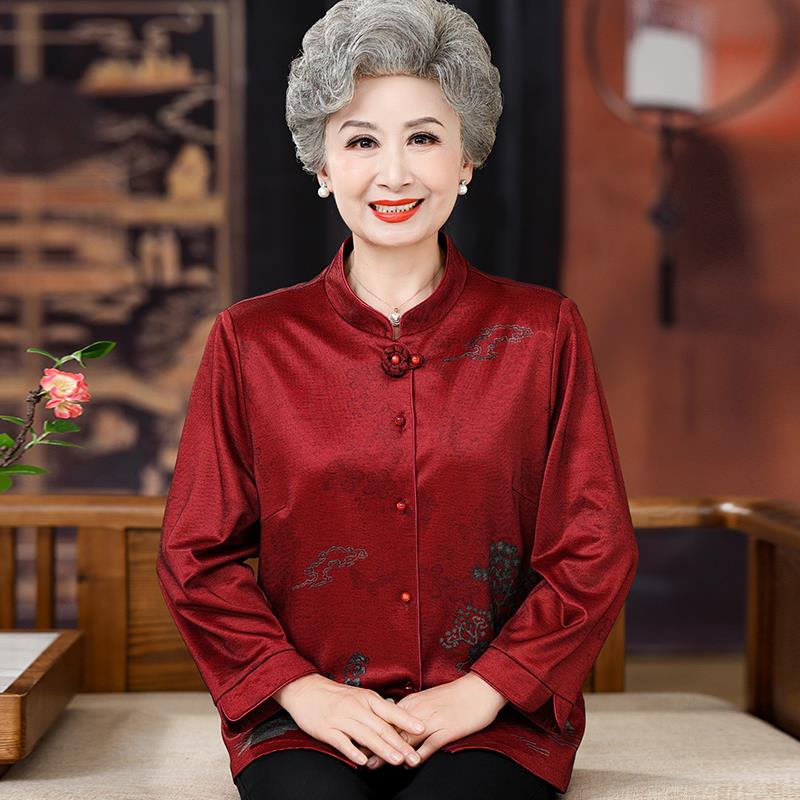 国风中老年人衬衫女长袖春夏桑蚕丝100%套装大码奶奶立领真丝上衣