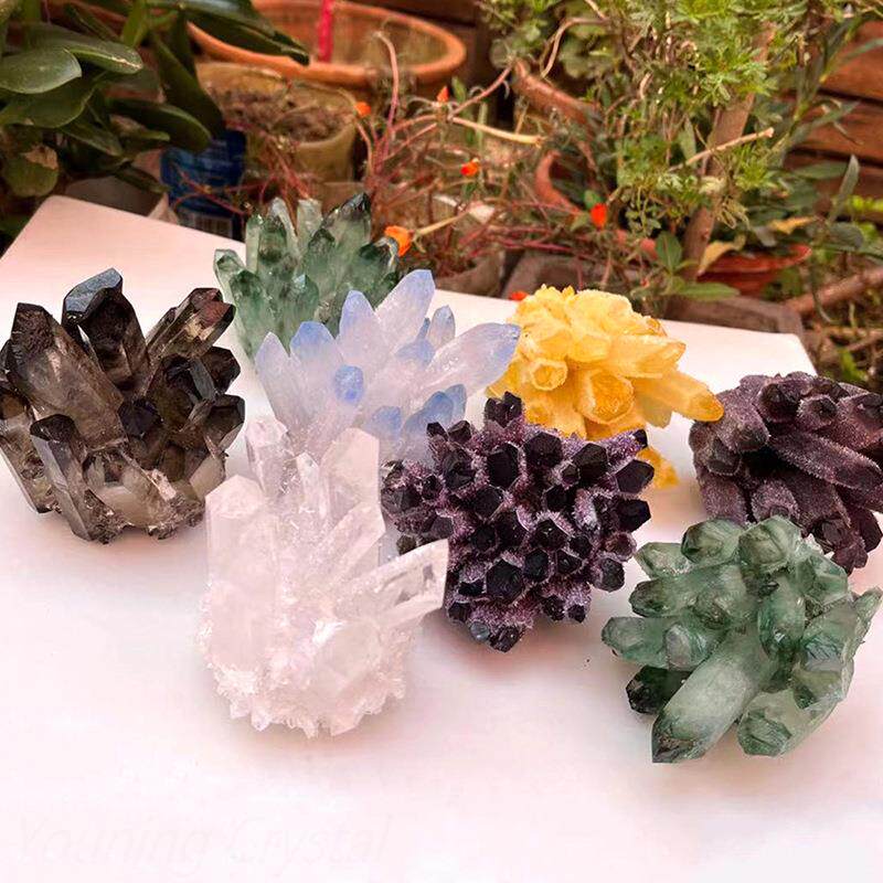 东海天然晶石紫水BSJ001晶绿幽灵灵晶水白黄蓝簇茶水晶幽晶簇摆件