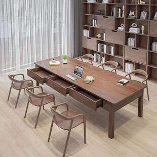 实木大书桌双人长条桌子工作台办公桌家用客厅学习桌带抽屉写字台