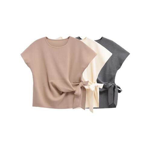 Women's round neck knot embellished soft top