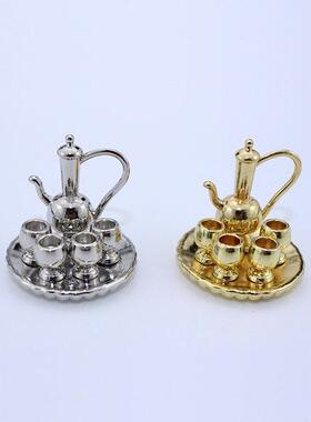 DOLLHOUSE微缩食玩场景模型娃娃屋配件金色茶杯茶壶 迷你圆盘茶具