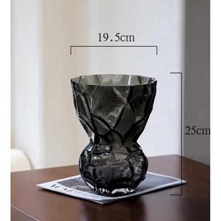 批发花瓶宽口美学山谷透明小众高品质 花北欧烟灰玻璃摆件纹理器