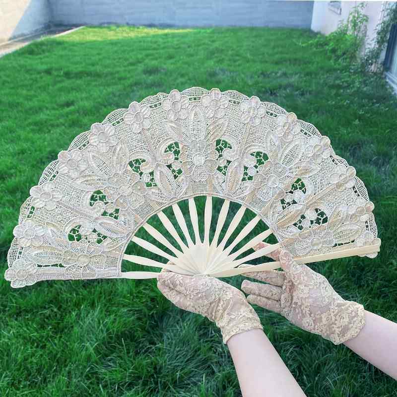 花边蕾丝扇子蕾丝手套套装绣花镂空竹扇复古奶白色舞蹈道具