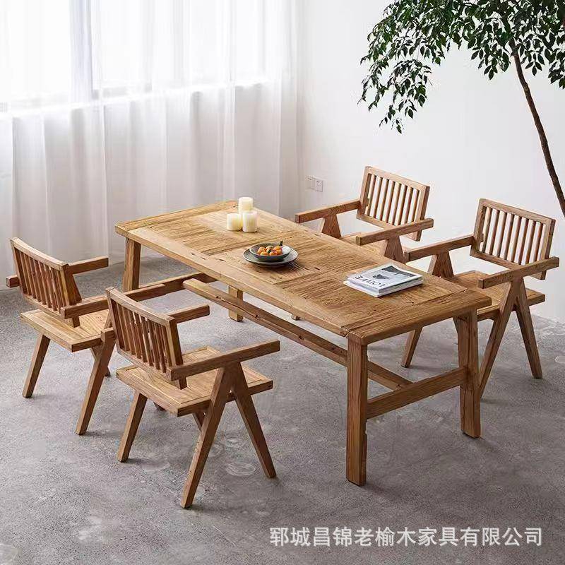 老榆木棋盘格桌子板凳组合办公室洽谈会议桌拼花实木长方形喝茶桌