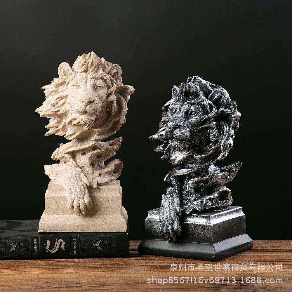 跨境美式狮子头像复古动物树脂工艺品摆件玄关办公室酒柜软装装饰
