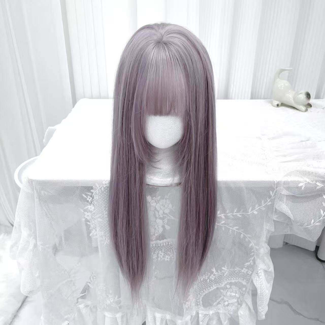 喵灵界假发女灰紫色Lolita自然齐刘海双马尾长直发jk全头套式