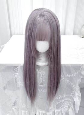 喵灵界假发女灰紫色Lolita自然齐刘海双马尾长直发jk全头套式