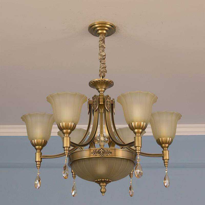 美式水晶客厅灯欧式大气豪华别墅复式楼餐厅卧室玻璃灯罩全铜吊灯