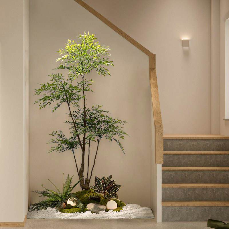 彷真绿色植物造景室内楼梯下景观植物南天竹落地盆栽橱窗装饰假树