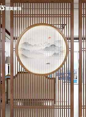绢96N半透明丝灯山画新中式水画门玄关壁画圆形Fh($%p#g进装饰画