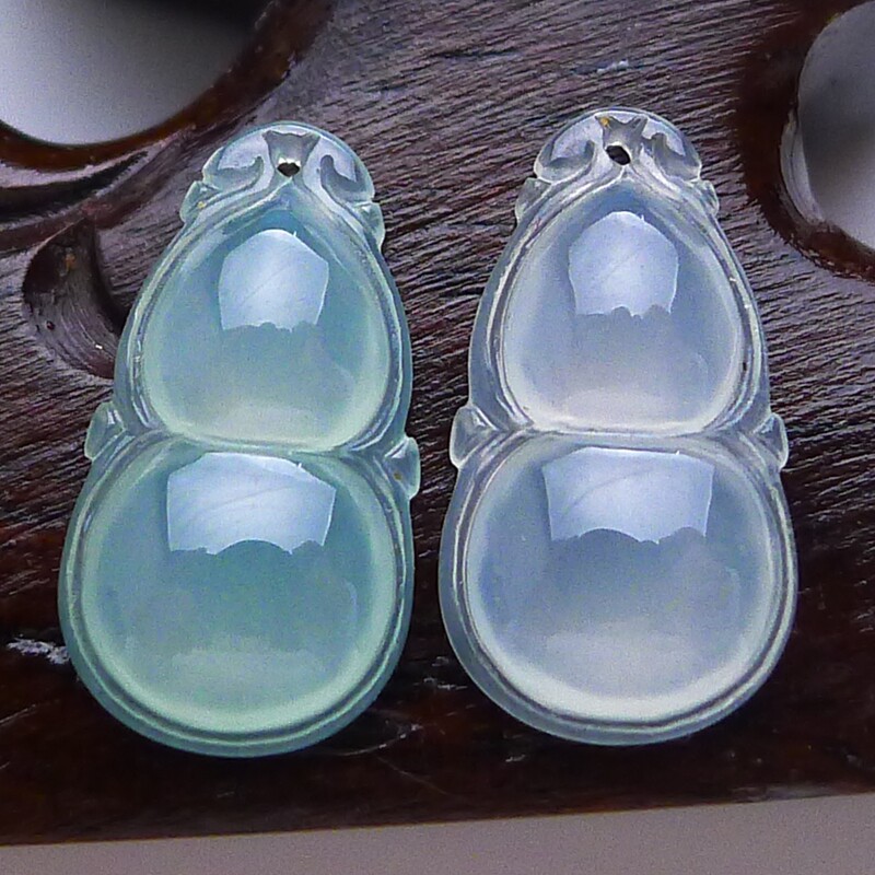 冰种翡翠蛋面缅甸正品天然A货老坑戒面葫芦镶嵌耳钉料一对0.93g