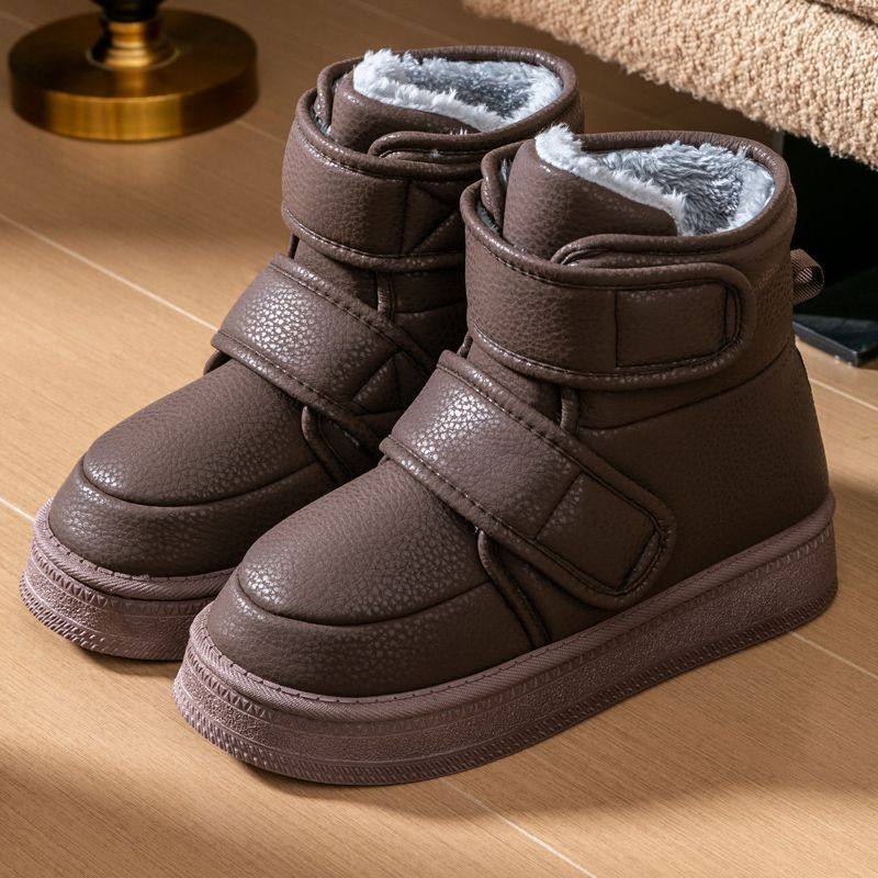 女士穿男加绒防水防滑冬季居家皮面棉拖鞋高帮室内外加厚保暖包跟