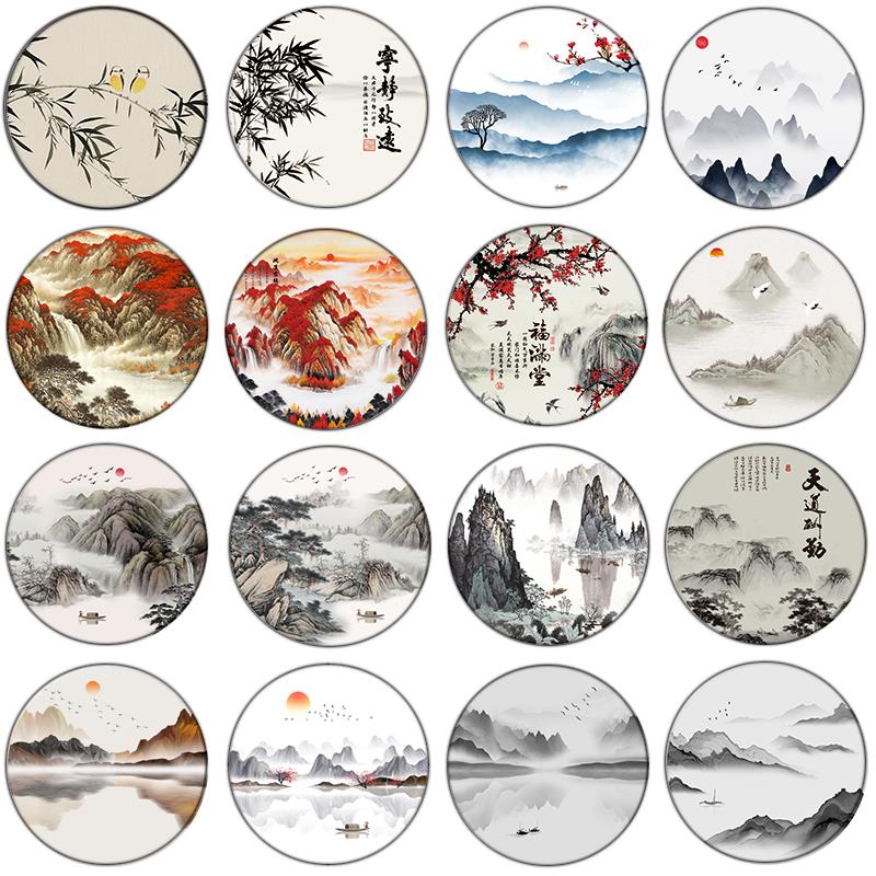 个性新中式屏风沙画隔断半透明山水花鸟玄关花格中间圆框乔其纱