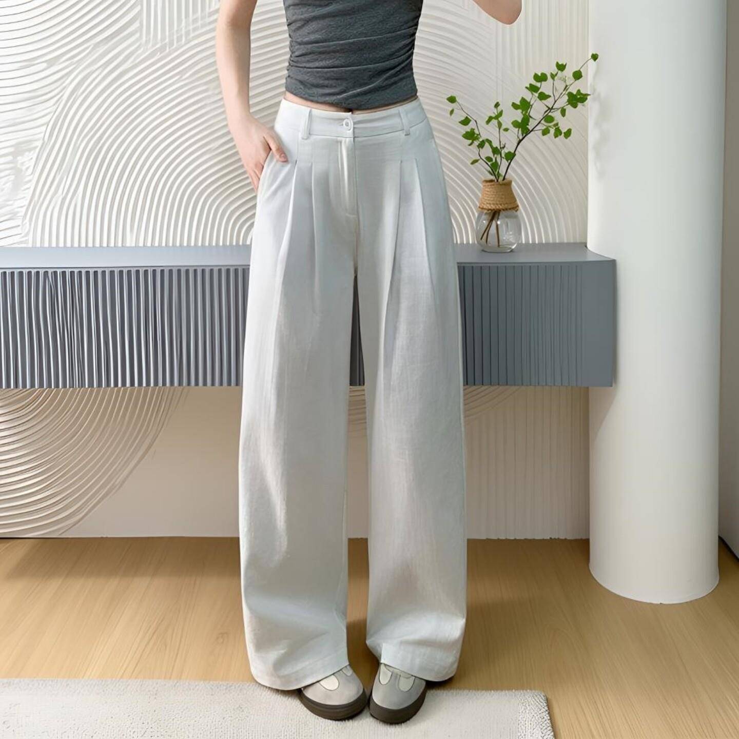白色亚麻宽裤女春夏薄款高腰棉麻裤子高级感垂感直筒休闲西装裤