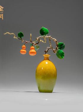 铜金岁月福禄如意花瓶葫芦彩铜摆件中式客厅玄关铜葫芦工艺品摆件