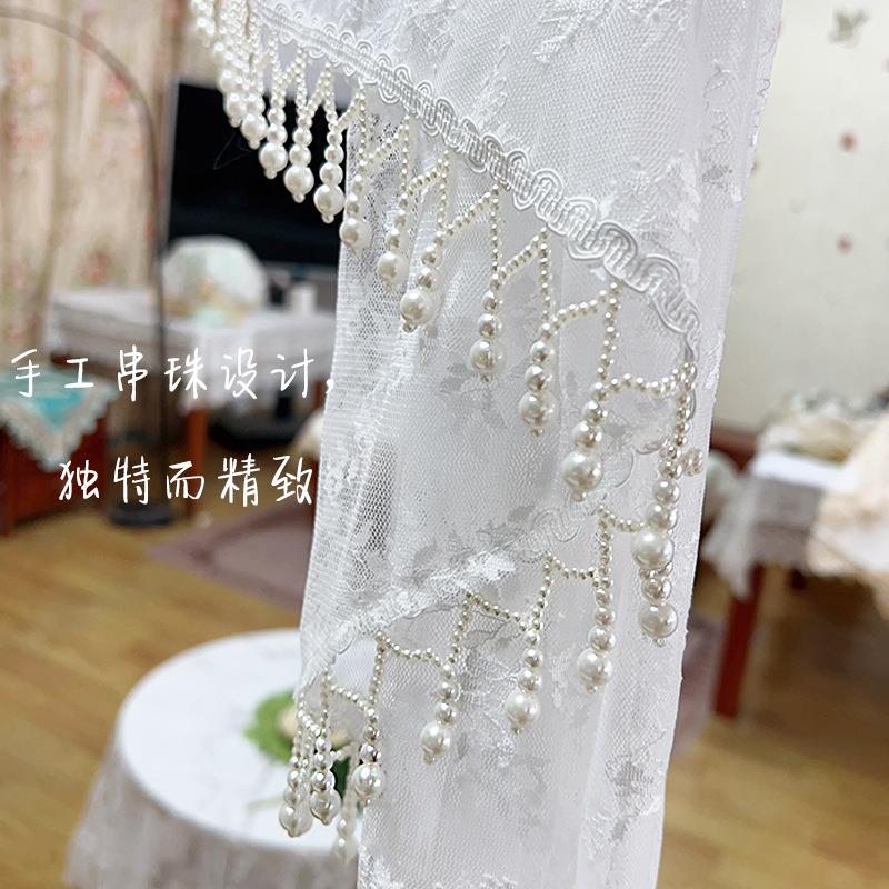 法式串珠半QSG帘窗帘复古美式隔断帘色蕾绣花流免打孔拱白形丝门