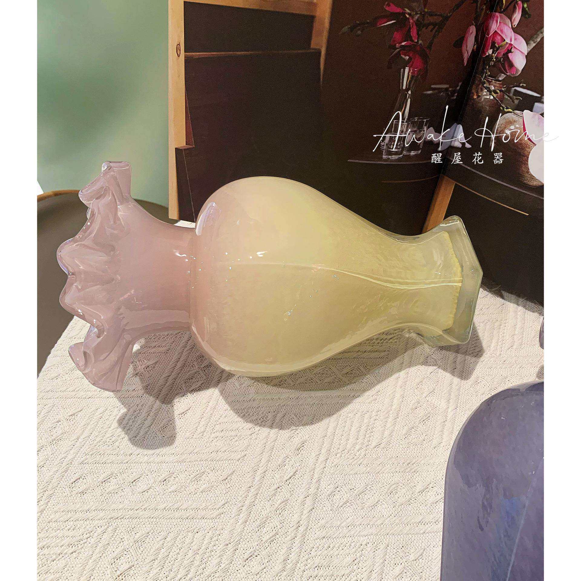 中古芬顿炫彩手工玻璃花瓶六角花边餐桌摆件水培插花家居摆件花器