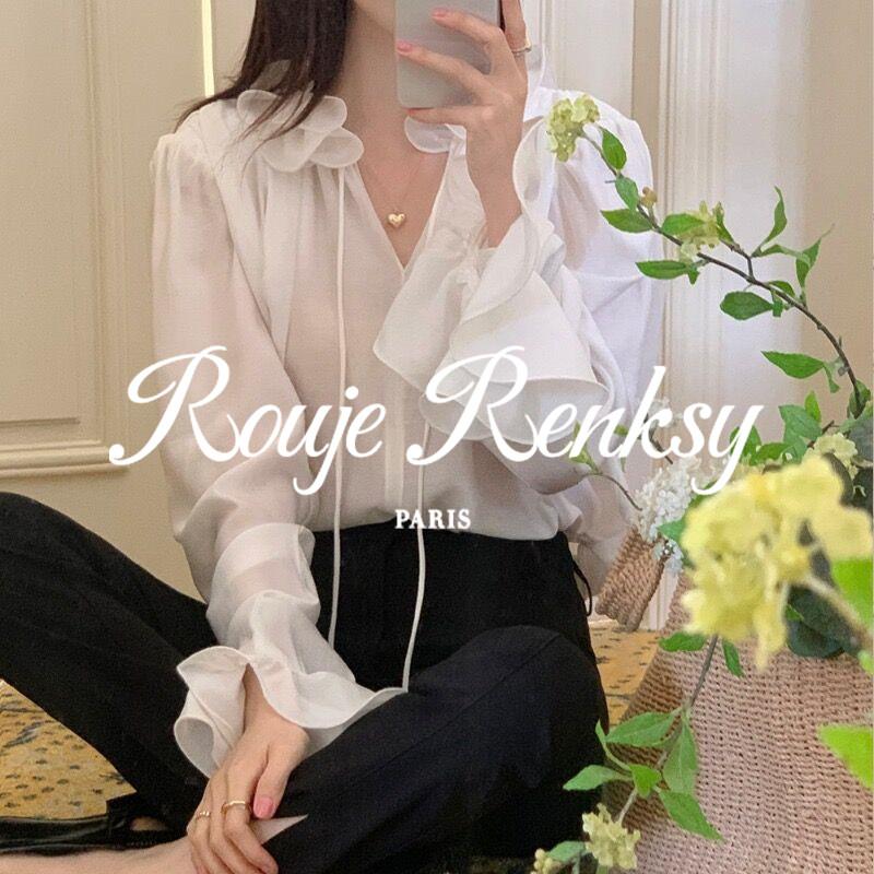 法国Rouje Renksy法式花苞木耳边V领系带衬衫女高级感喇叭袖上衣