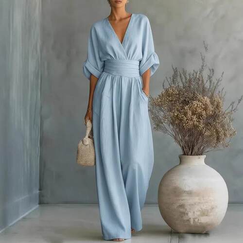 Elegant Women's Deep V Neck Long Jumpsuit