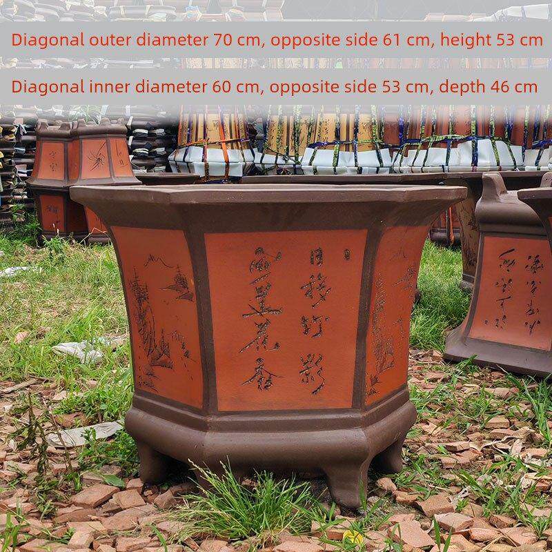 宜兴精品紫砂花盆特大号庭院超深70cm六角老树桩盆景盆特价清仓