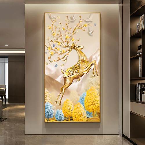 玄关客厅装饰画北欧金色麋鹿晶瓷画沙发背景墙挂画入户过道墙壁画