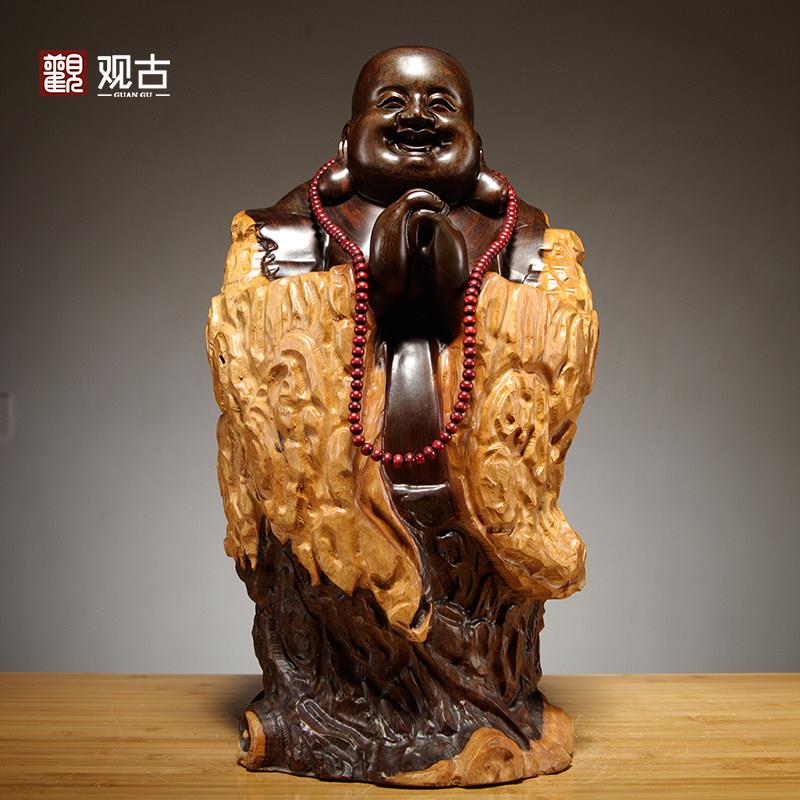 黑檀实木雕刻弥勒佛根雕摆件笑佛工艺礼品摆饰红木家居客厅玄关装