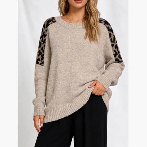 Women ' s & Leopard Print Fleece Loose Pullover , Raglan