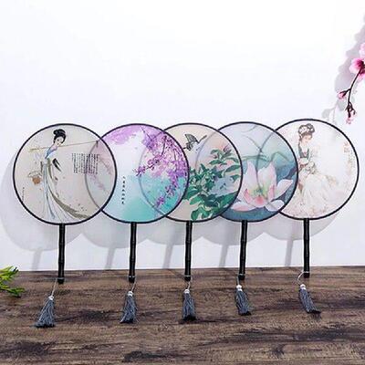 Chinese Style Round Fan with Wooden Handle Portable Printed
