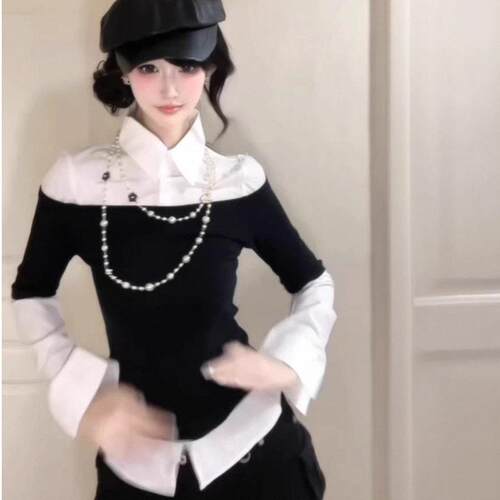 Women's Fashion Spring/Autumn Patchwork Slim Waist Shirts