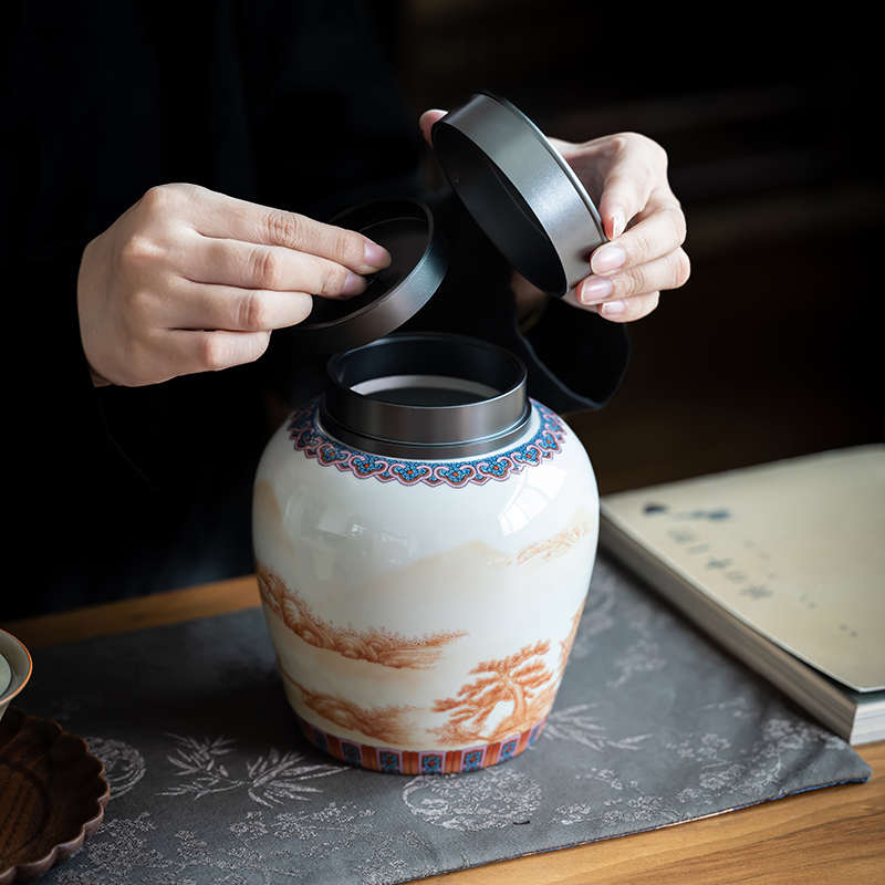 雄驰精品陶瓷茶叶罐双盖密封家用大号防潮罐红茶两斤装绿茶储存罐